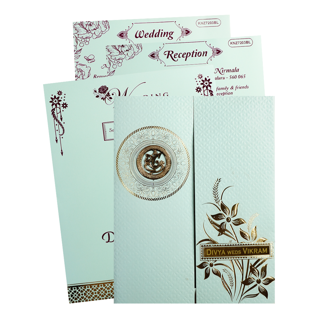 Mint Blue Ganesha Floral Wedding Card-KNZ7203BL