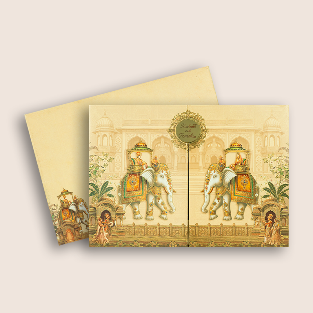 Cream Padded Elephant Door Style Wedding Card - KAA06060