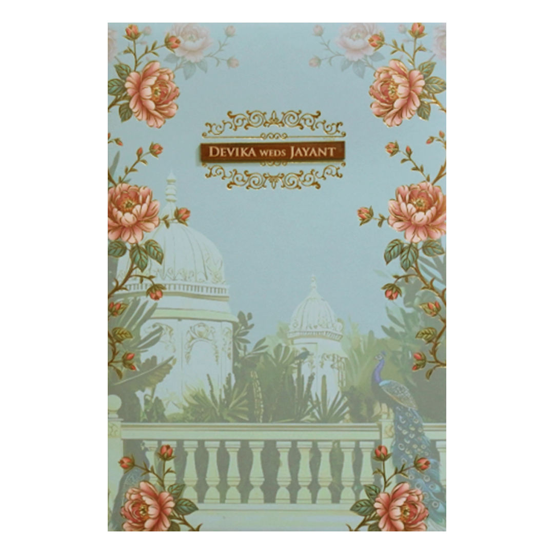 Mint Blue Padded Palace Peacock Wedding Card- KVN07380