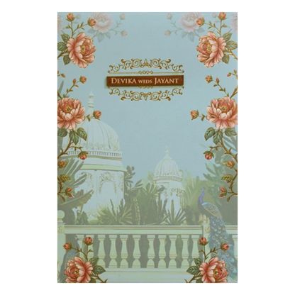 Mint Blue Padded Palace Peacock Wedding Card- KVN07380