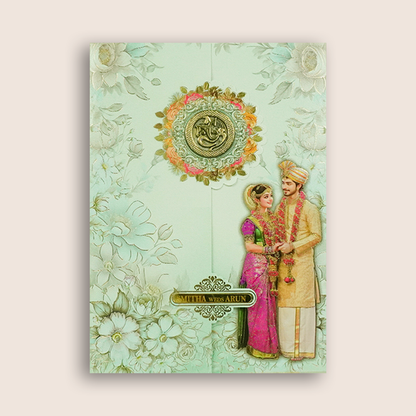 Blue South Indian Bride Groom Wedding Card - KNAR2404