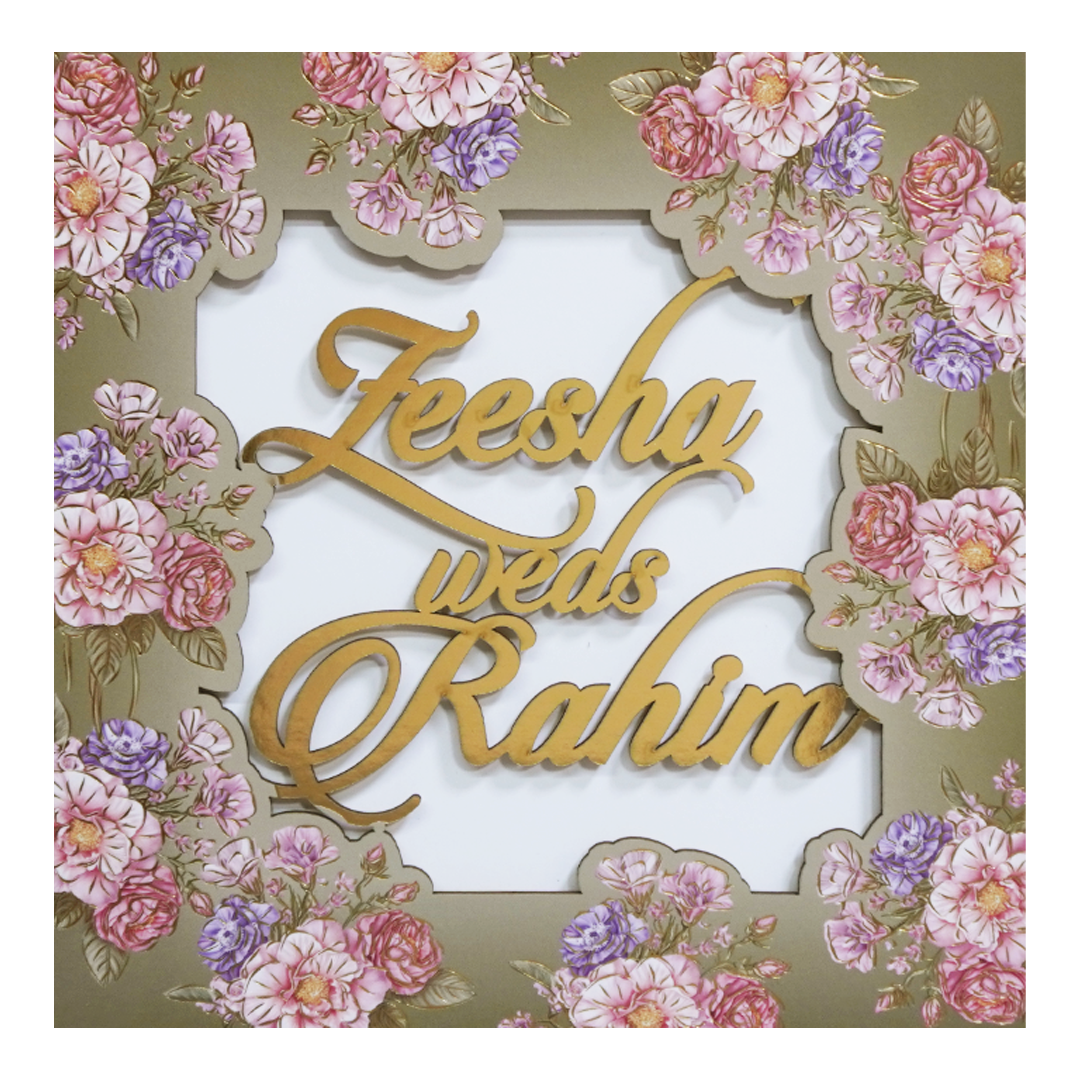 Green Floral Golden Wood Acrylic Padded Wedding Card - KVN07520