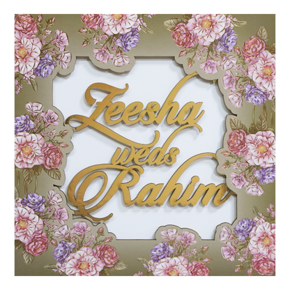 Green Floral Golden Wood Acrylic Padded Wedding Card - KVN07520