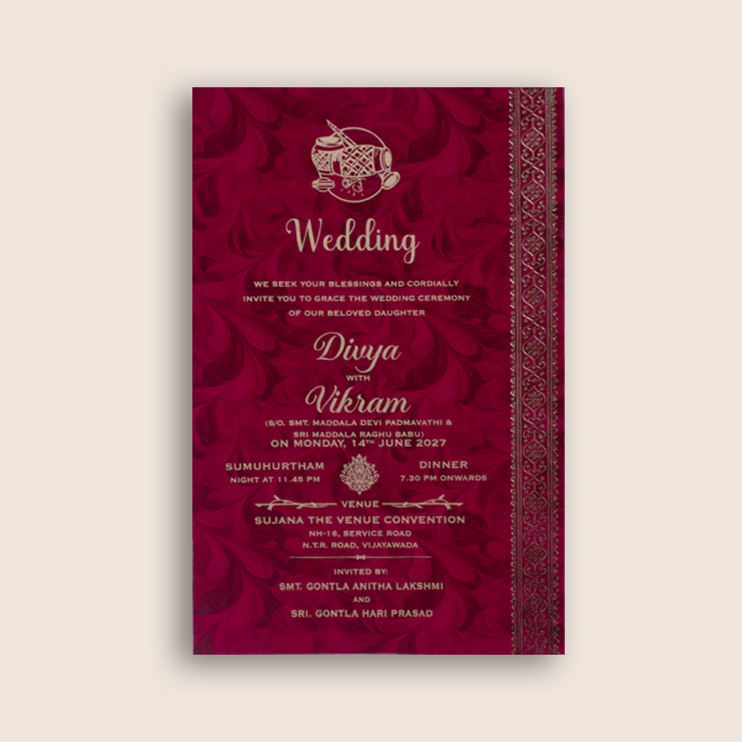 Dark Pink Floral Single Sheet Wedding Invitation - KNPD1685