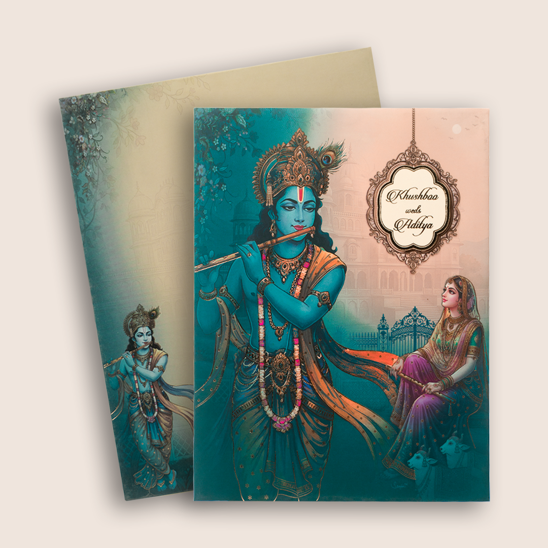 Blue Radha Krishna Padded Wedding Card -  KAA05710