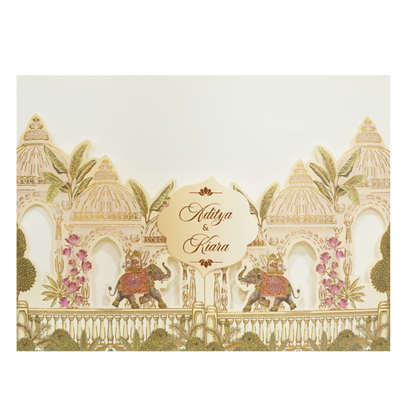 Cream Palace Elephant Procession Openable Wedding Card - KFR16430
