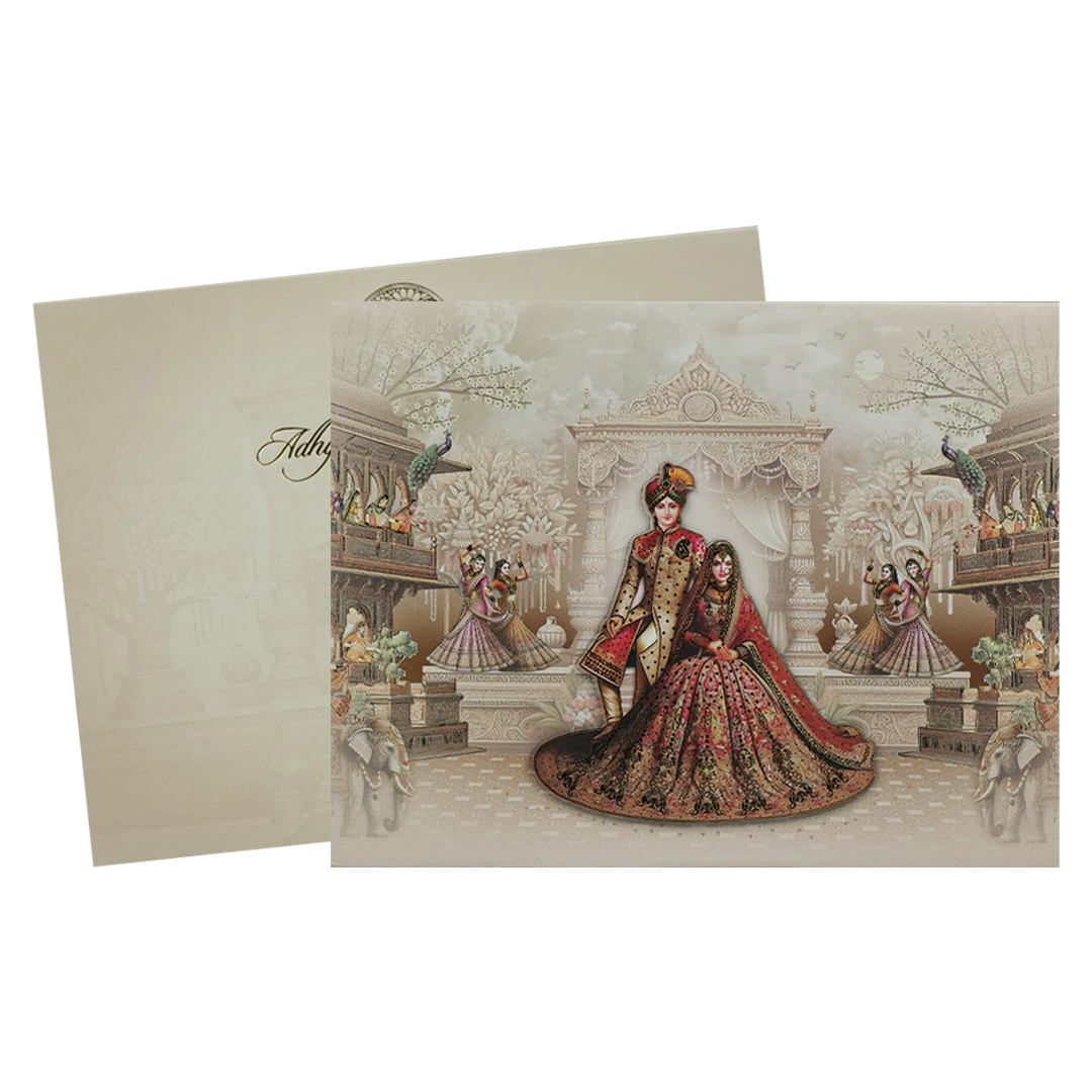 Beige Padded Bride Groom Wedding Card-KRC31080