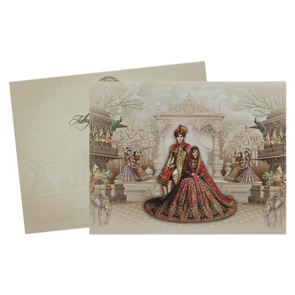 Beige Padded Bride Groom Wedding Card-KRC31080