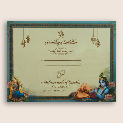 Blue Lord Radha Krishna Laser Cut Padded Wedding Card - KRB10570