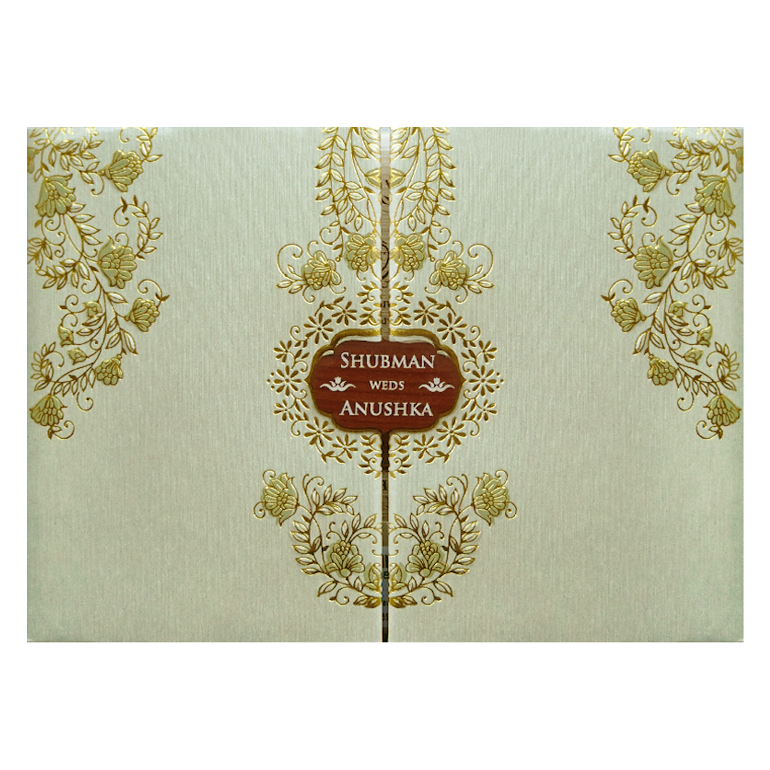 Ivory Padded Wedding Invitation Card with Embossed Floral Design-KRB09711