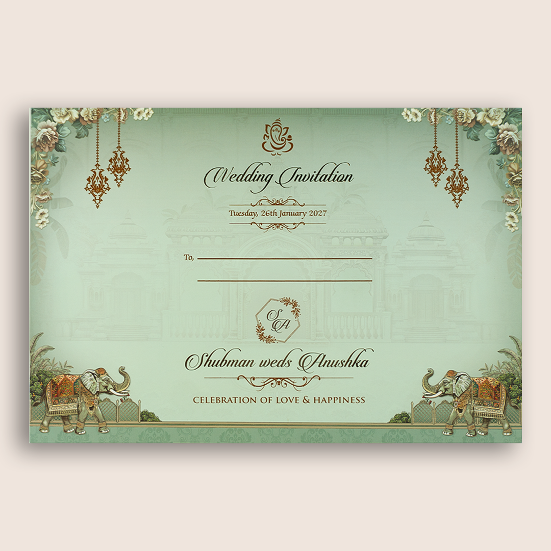 Teal Green Royal Elephant Jharokha Laser Cut Padded Wedding Card - KRB09920