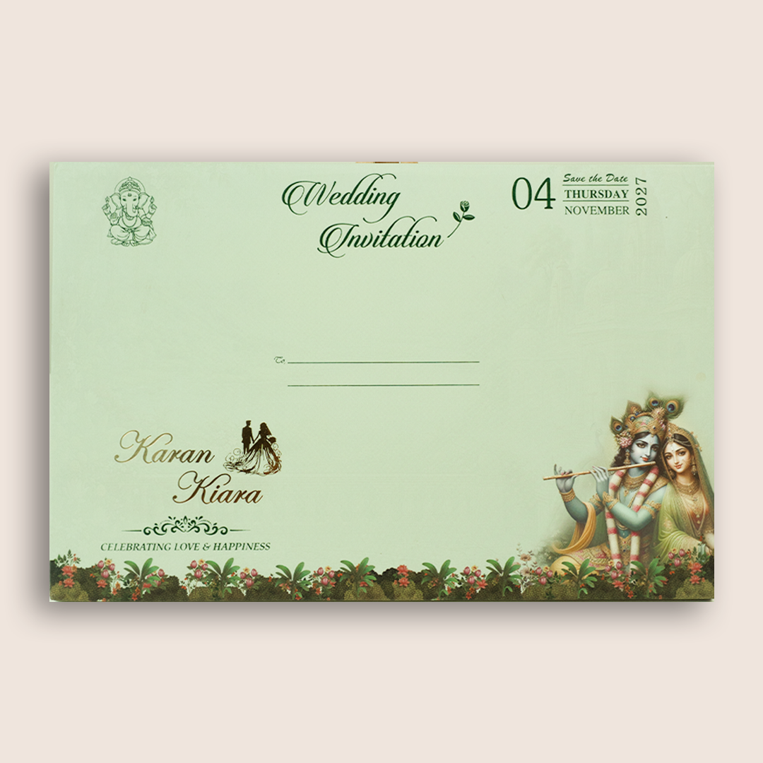Green Lord Krishna Radha Padded Wedding Card - KSH18820