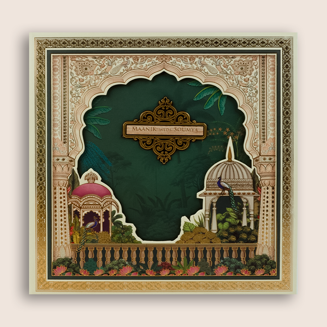 Green Floral Laser Cut Padded Wedding Card - KSH18640