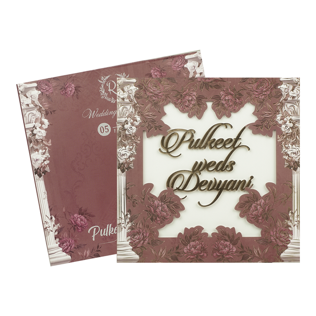 Maroon Floral Cutout Wedding Card-KJTS1809