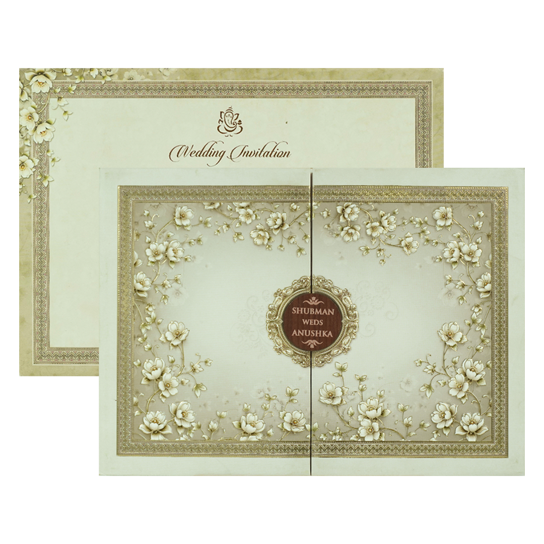 Grey Gold Floral Gatefold Padded Wedding Card-KRB09250