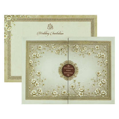 Grey Gold Floral Gatefold Padded Wedding Card-KRB09250