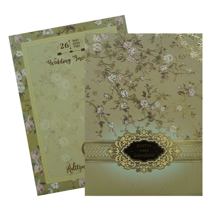 Green Floral Gold Frame Padded Wedding Card-KRE27260