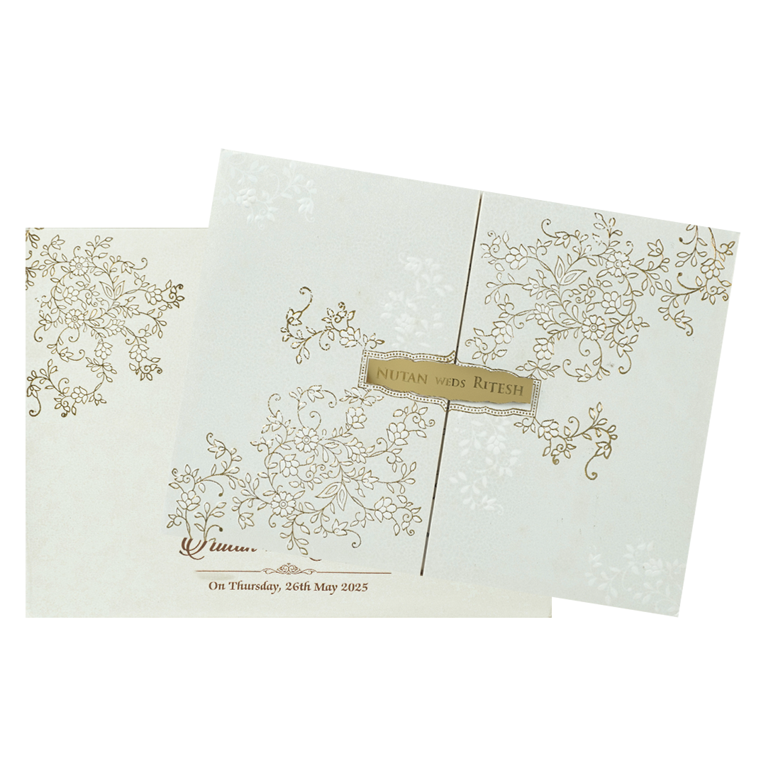 White Floral Gold Foil Padded Wedding Card-KRE25870
