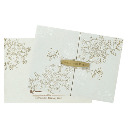 White Floral Gold Foil Padded Wedding Card-KRE25870