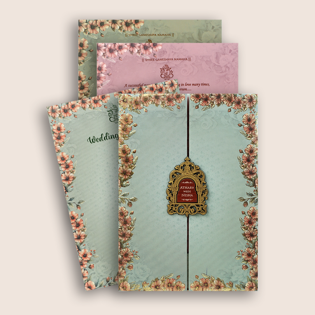 Olive Green Floral Door Style Padded Wedding Card - KVN07770