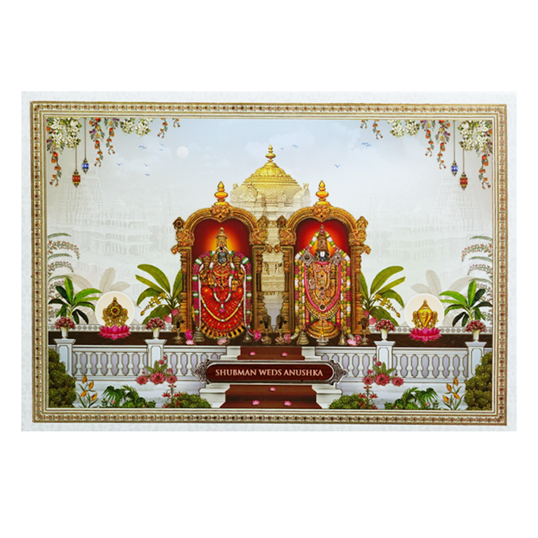 Balaji Padmavati Temple Theme Padded Gold Foil Wedding Invitation Card-KRB09620