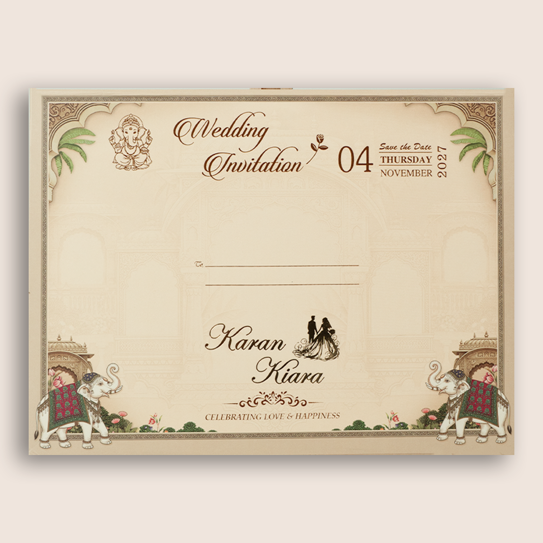 Beige Royal Elephant Laser Cut Padded Wedding Invitation - KSH27060