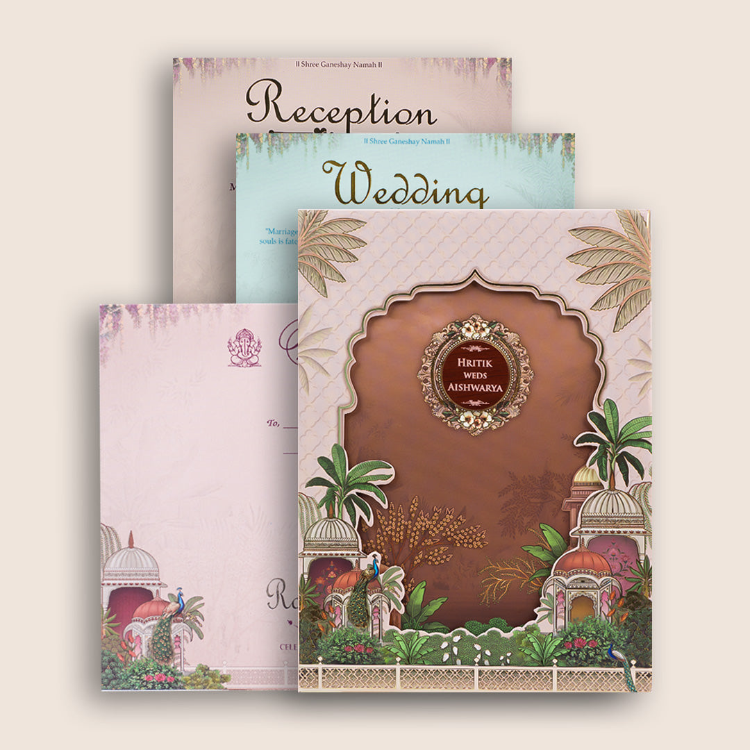 Brown Laser Cut Jharokha Padded Wedding Invitation - KSH18540