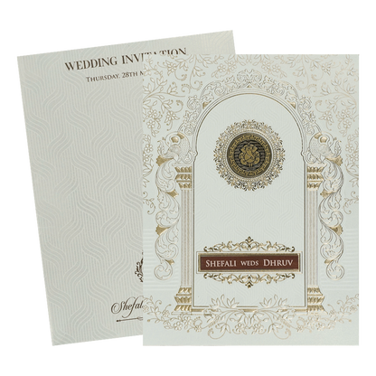 White Ganesha Arch Wedding Card-KRE28410