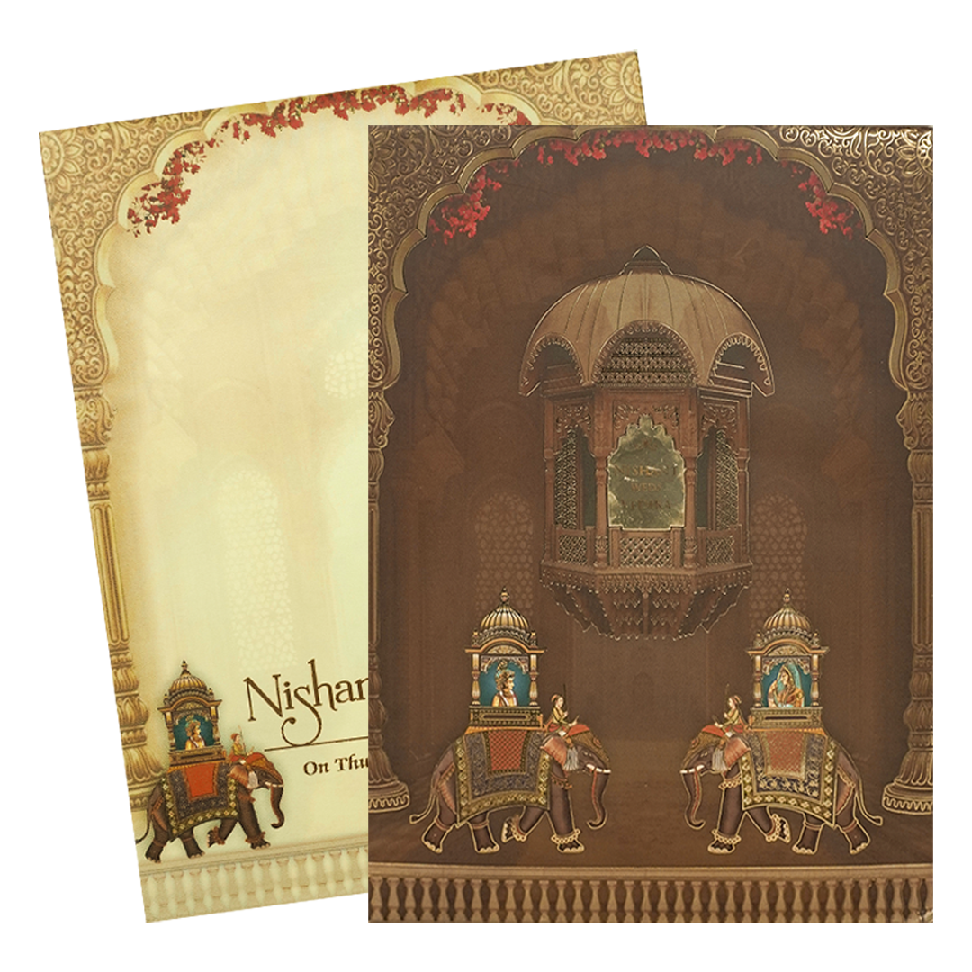 Brown Palace Elephant Padded Wedding Card-KRE27980