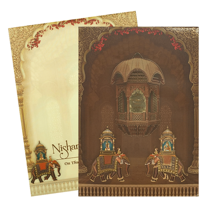 Brown Palace Elephant Padded Wedding Card-KRE27980
