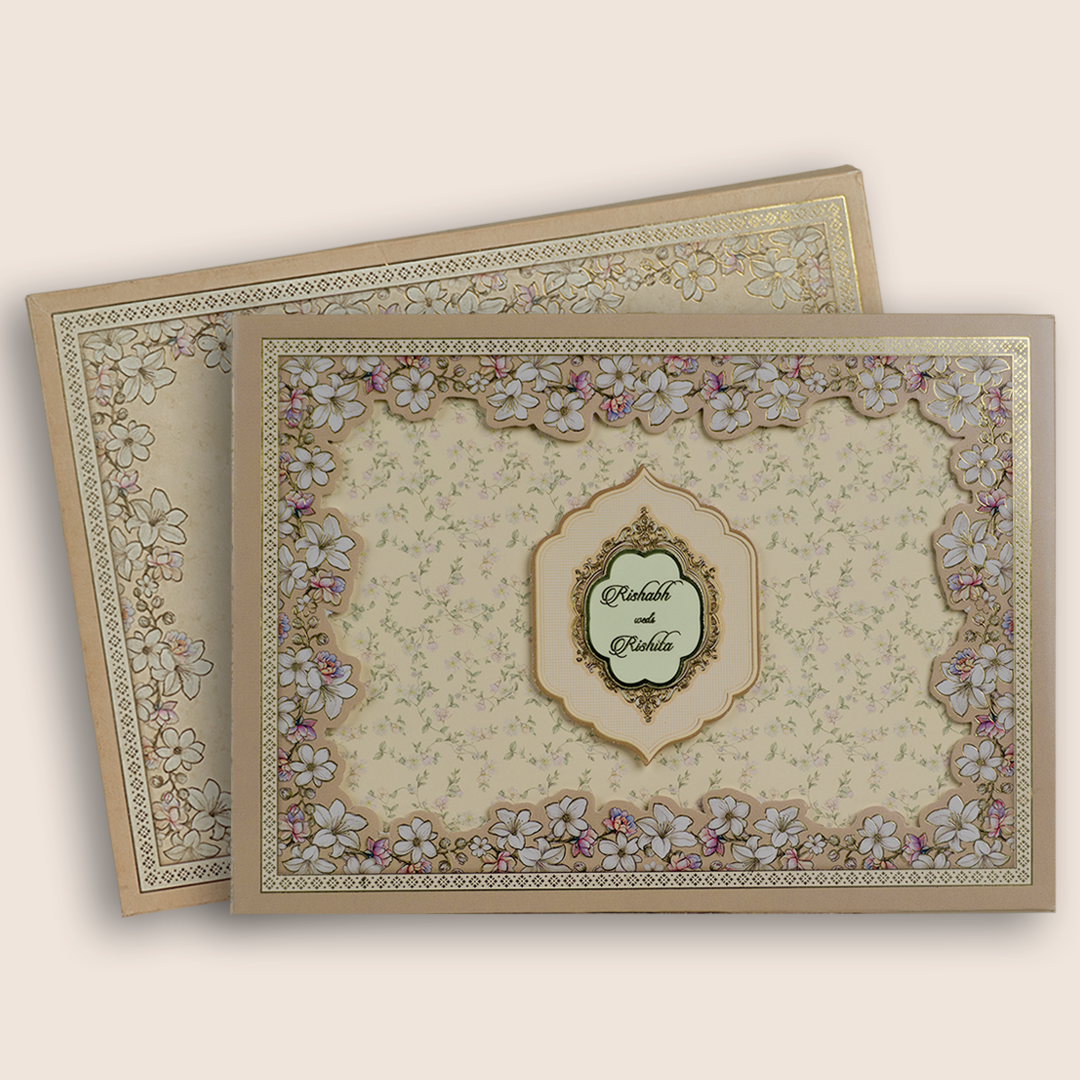 Beige Floral Laser Cut Wedding Card - KAA05990