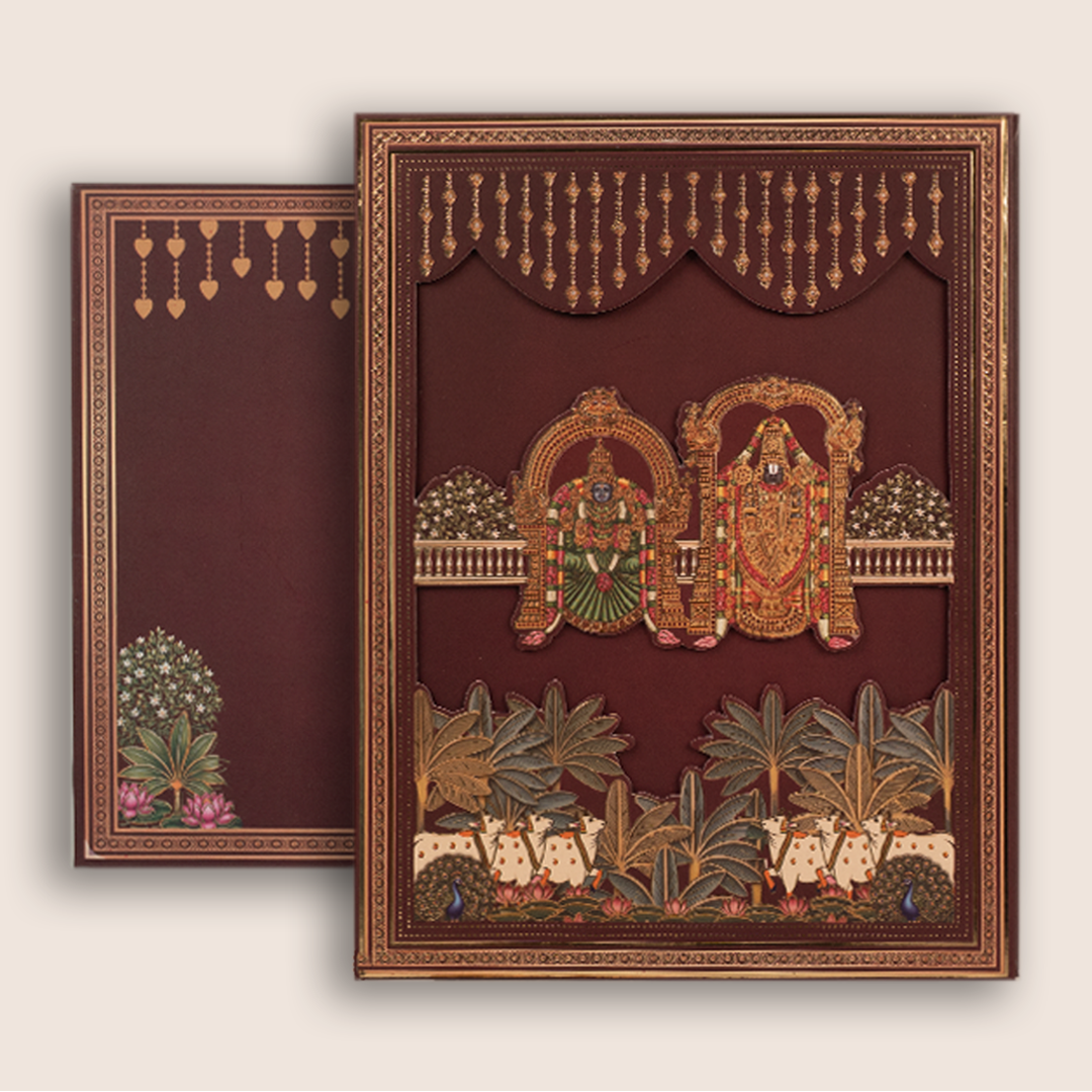 Maroon Lord Balaji Padmavathi Padded Wedding Card - KJTS3700