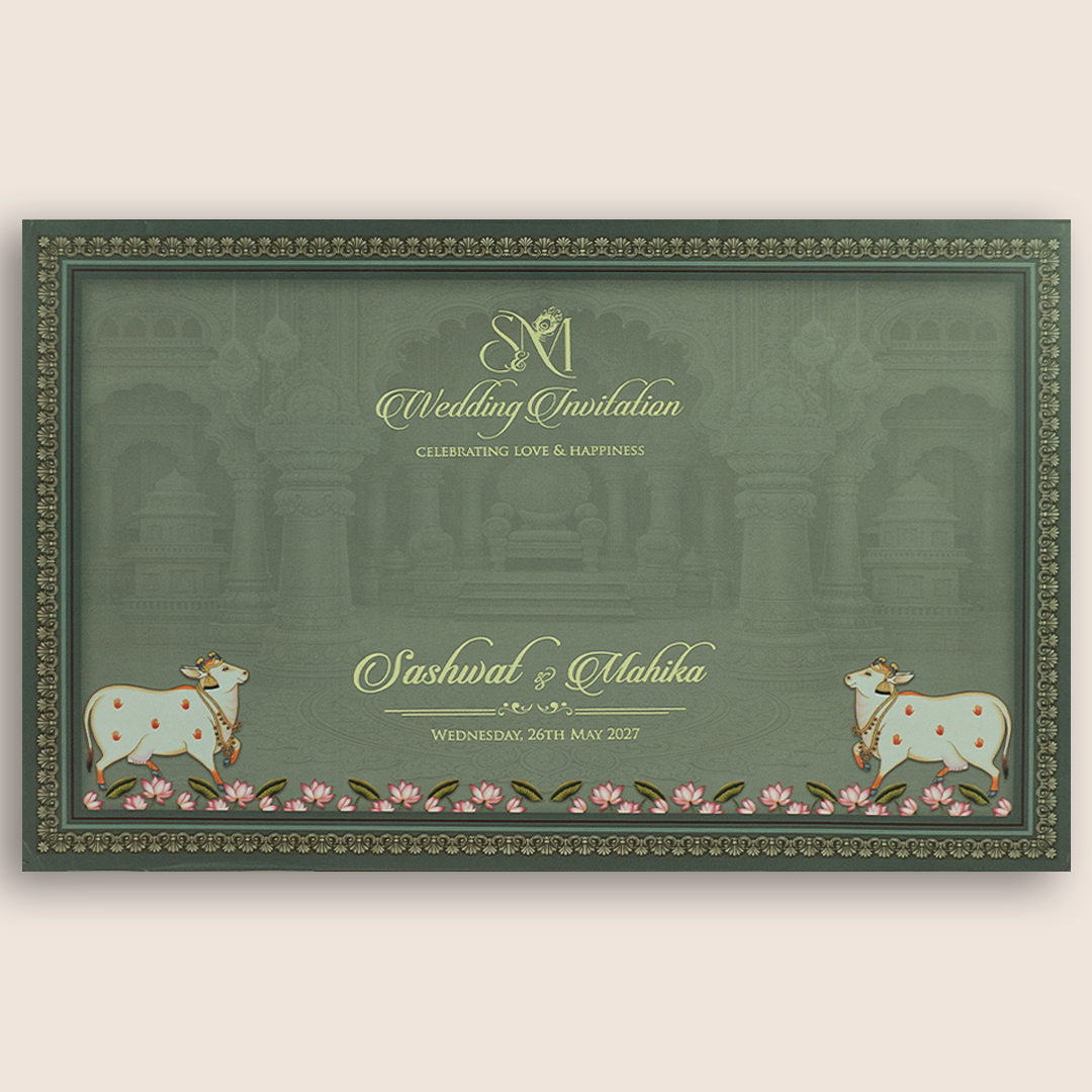 Grey Lord Radha Krishna Laser Cut Padded Marriage Card - KRE28870