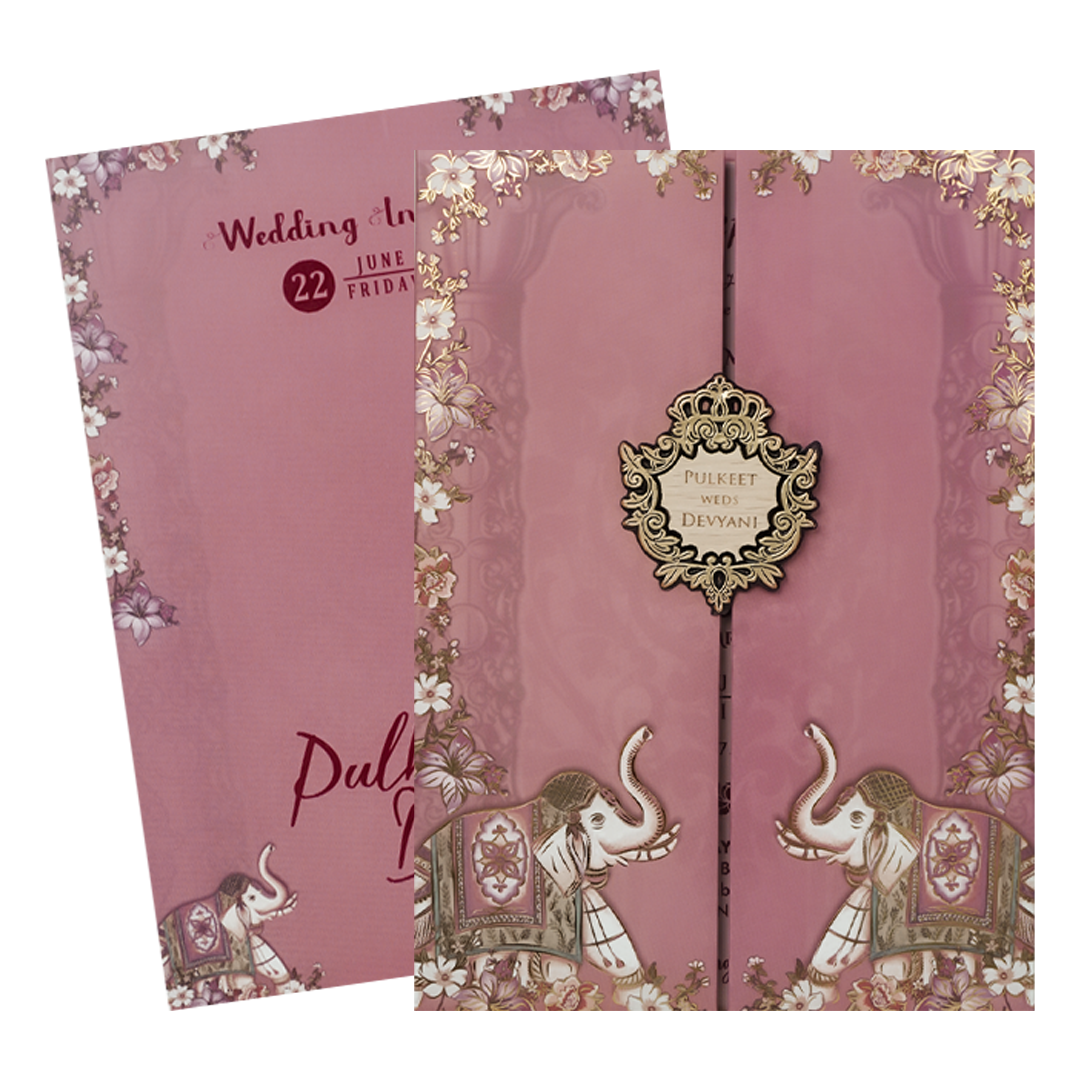 Pink Elephant Floral Padded Wedding Card-KJTS1821