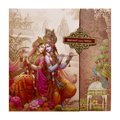 Pastel Brown Krishna Radha Padded Wedding Card - KSH72820