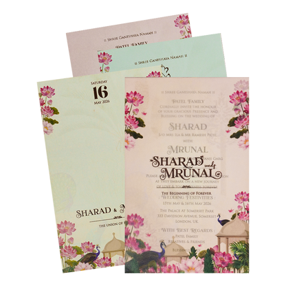 Pink Lotus Peacock Wedding Card-KSH71010