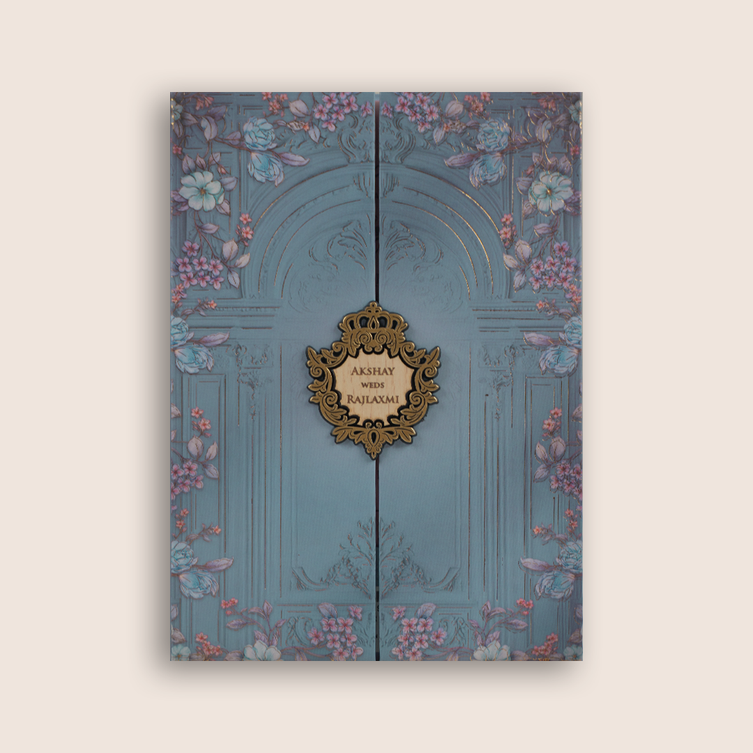 Pastel Blue Floral Door Style Padded Invitation Card - KJTS1929