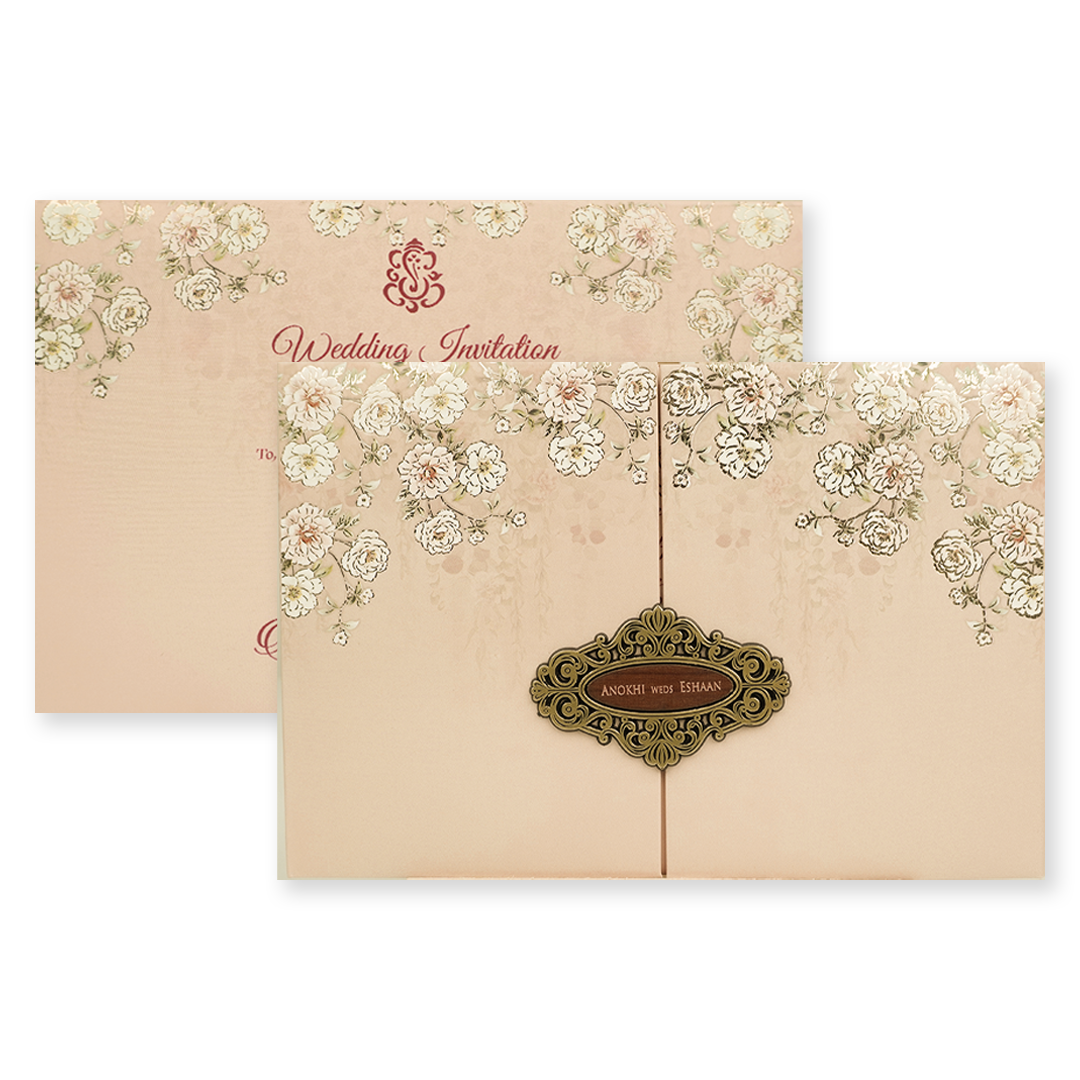 Cream Floral Padded Wedding Card-KJTS3673