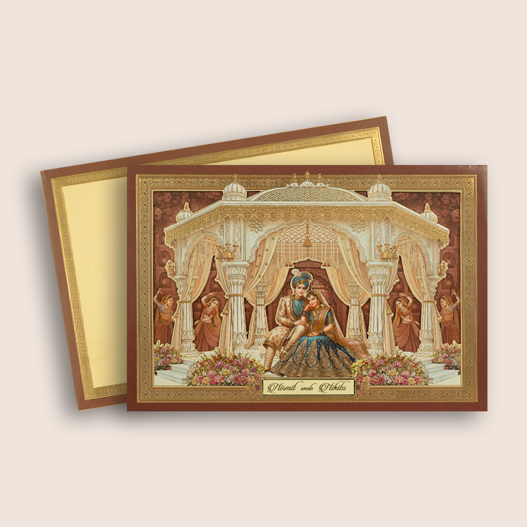 Brown Padded Laser Cut Mandap Wedding Card - KAA05950