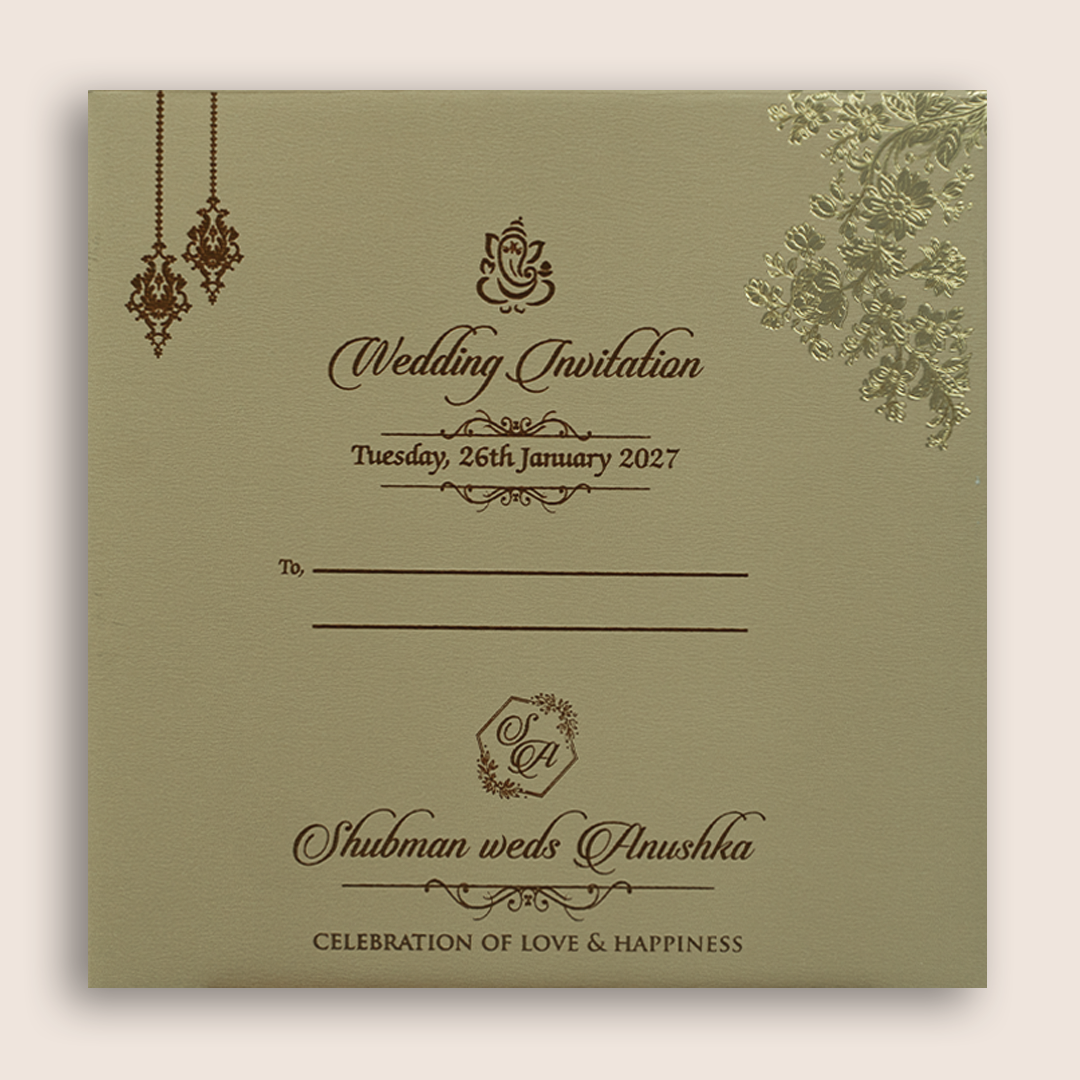 Beige Embossed Floral Door Style Padded Marriage Card - KRB10441