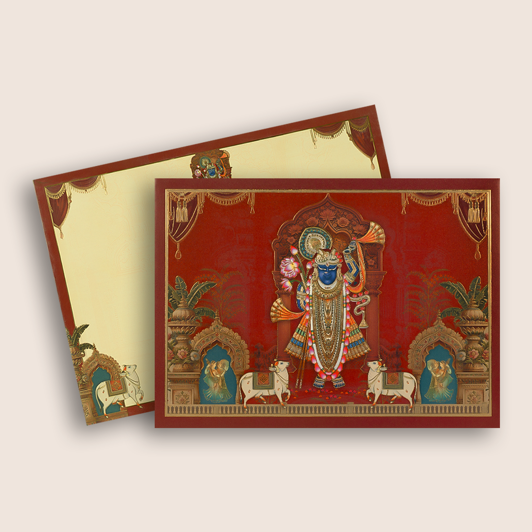 Maroon Lord Shreenathji Padded Wedding Card - KAA06080