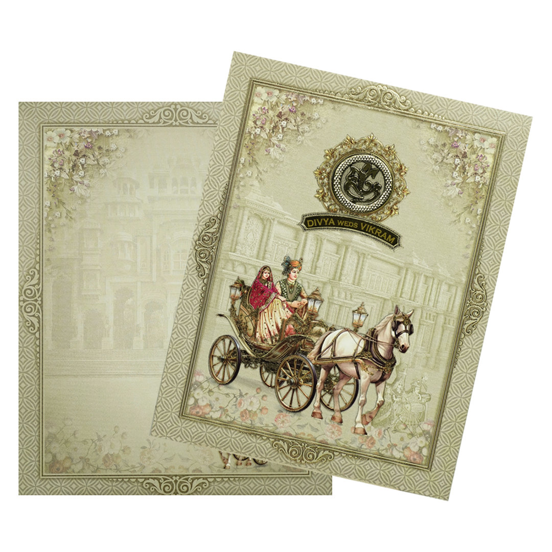 Green Floral Bride Groom Palace Wedding Card-KNKJ1155