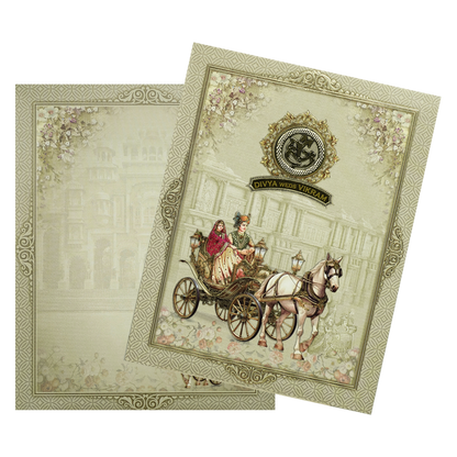 Green Floral Bride Groom Palace Wedding Card-KNKJ1155