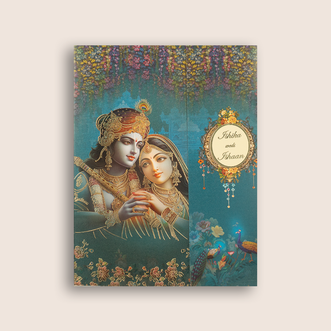 Royal Blue Radha Krishna Door Style Wedding Card - KAA05080