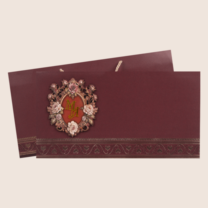 Maroon Floral Padded Bag Style Wedding Card - KPR024890