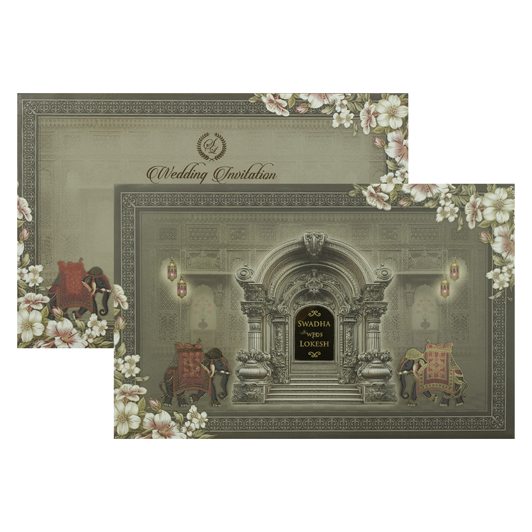 Grey Palace Arch Floral Padded Wedding Card-KRE27810