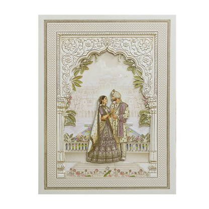 Cream Padded Laser Cut Heritage Couple Wedding Card-KMMEX8170