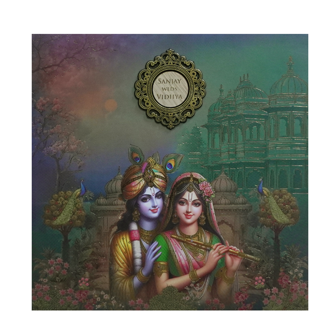 Green Radha Krishna Padded Wedding Card - KSH72750