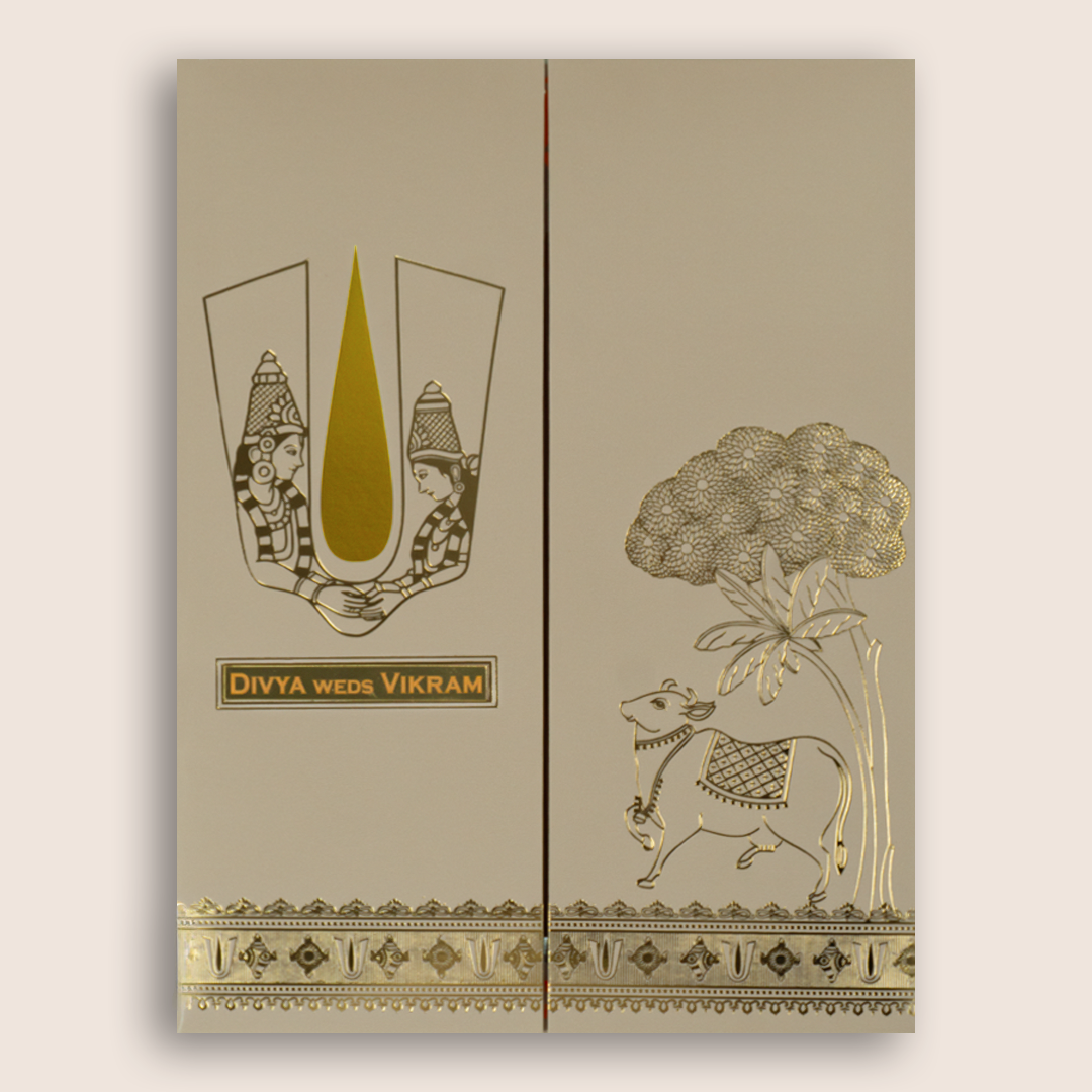 Pastel Pink Kamadhenu Vaishnava Tilak Door Style Wedding Card - KNRM8708P