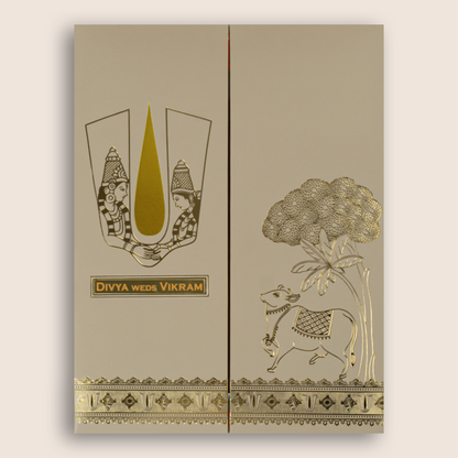 Pastel Pink Kamadhenu Vaishnava Tilak Door Style Wedding Card - KNRM8708P